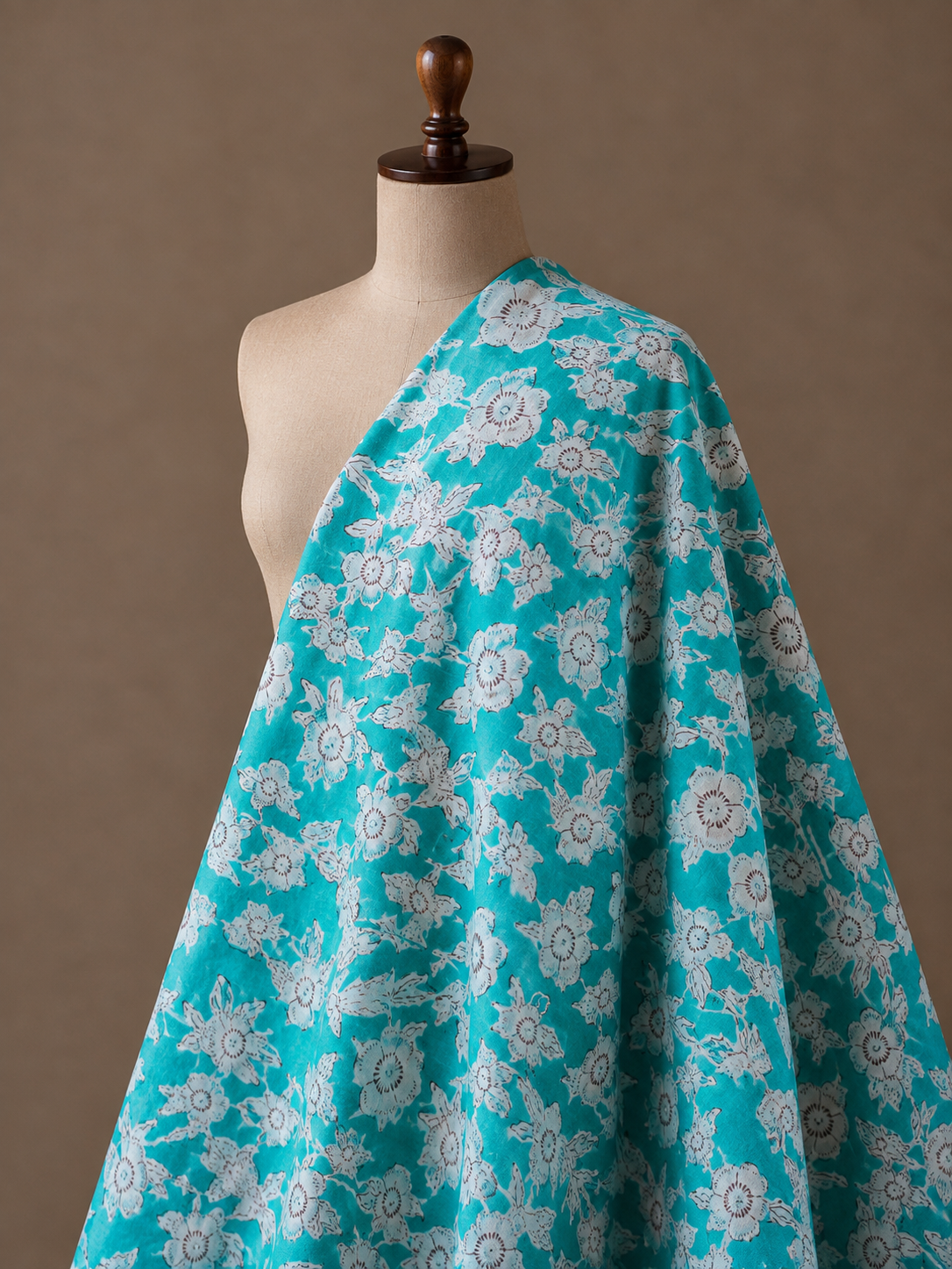 Premium Turquoise Floral Cambric Cotton Fabric