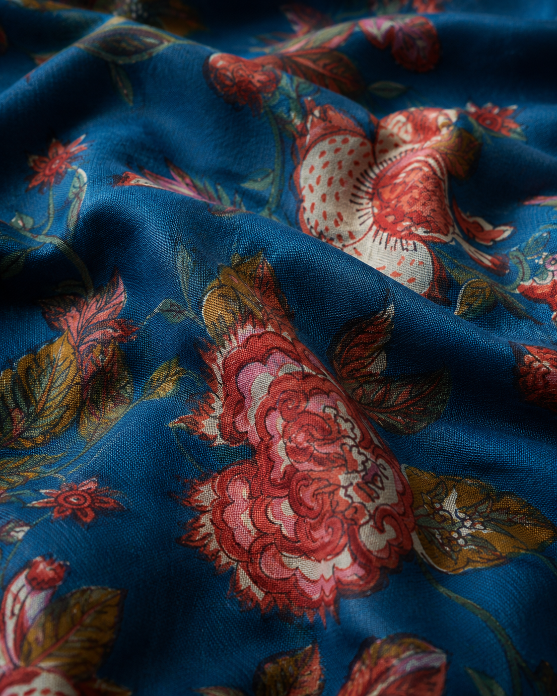 Premium Teal Blue Floral Cambric Cotton Fabric