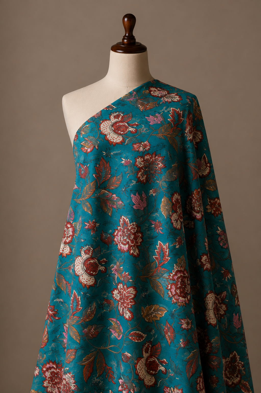 Teal Blue Floral Printed Cambric Cotton Fabric