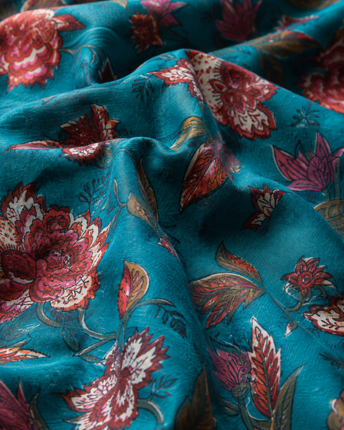 Teal Blue Floral Printed Cambric Cotton Fabric