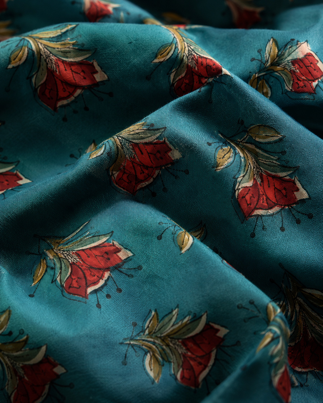 Teal Floral Printed Cambric Cotton Fabric