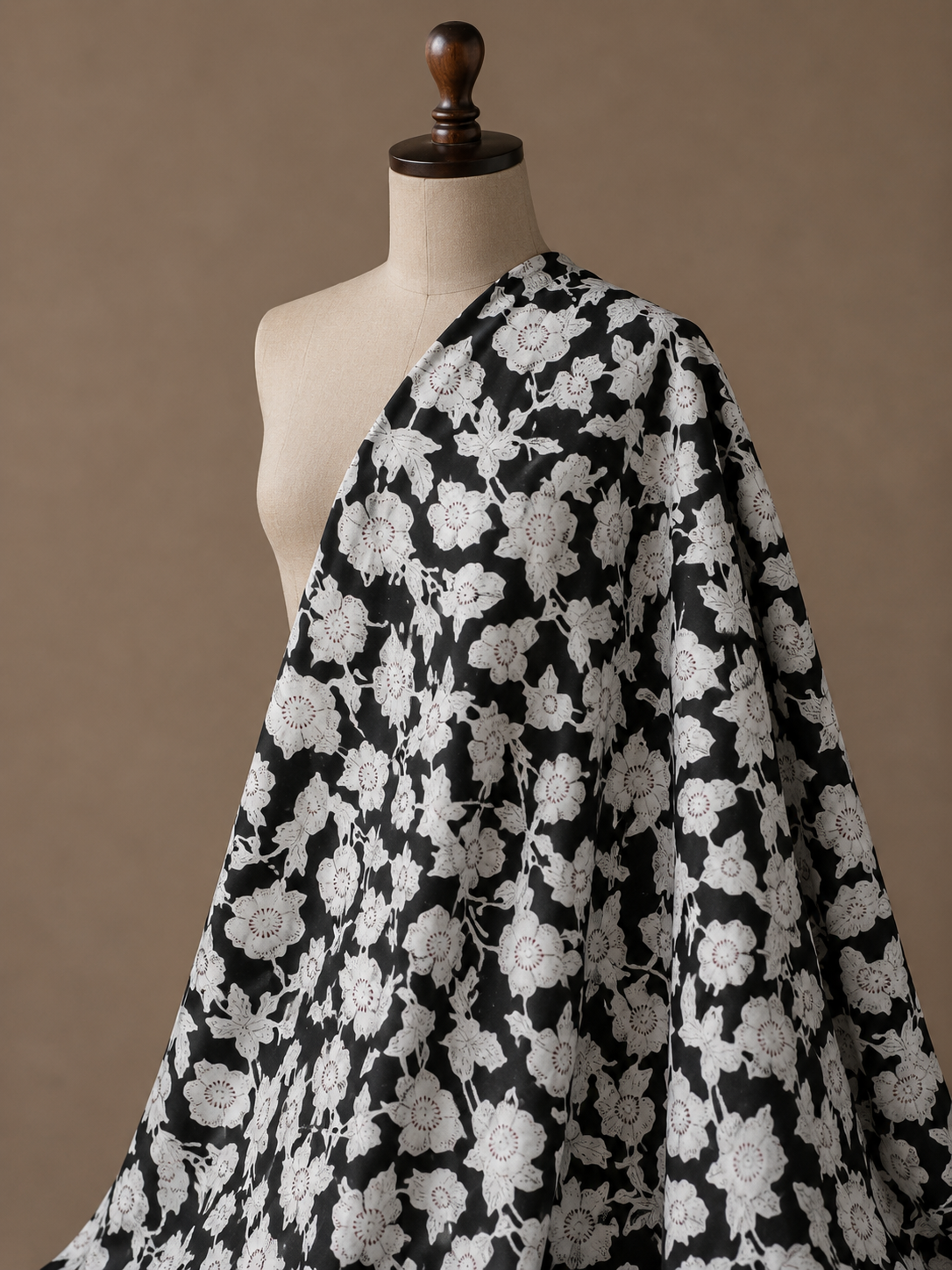 Premium Black & White Floral Cambric Cotton Fabric