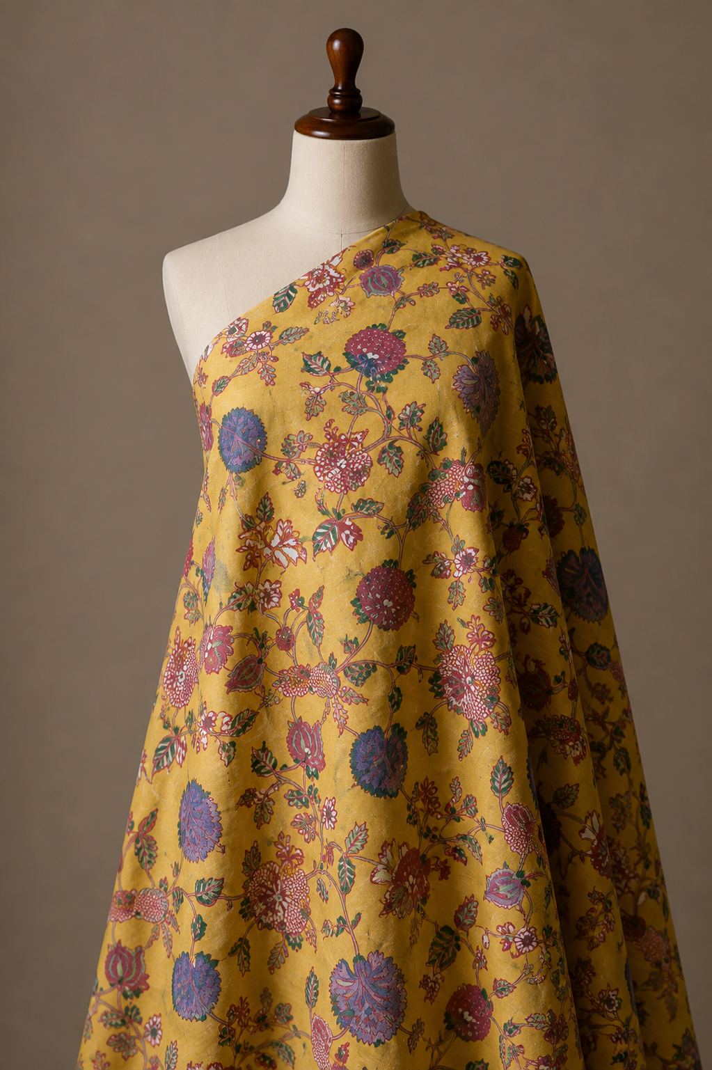 Mustard Kalamkari Floral Cambric Cotton Fabric