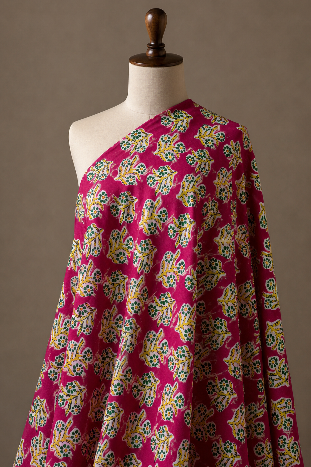 Pink Floral Hand Block Printed Cambric Cotton Fabric