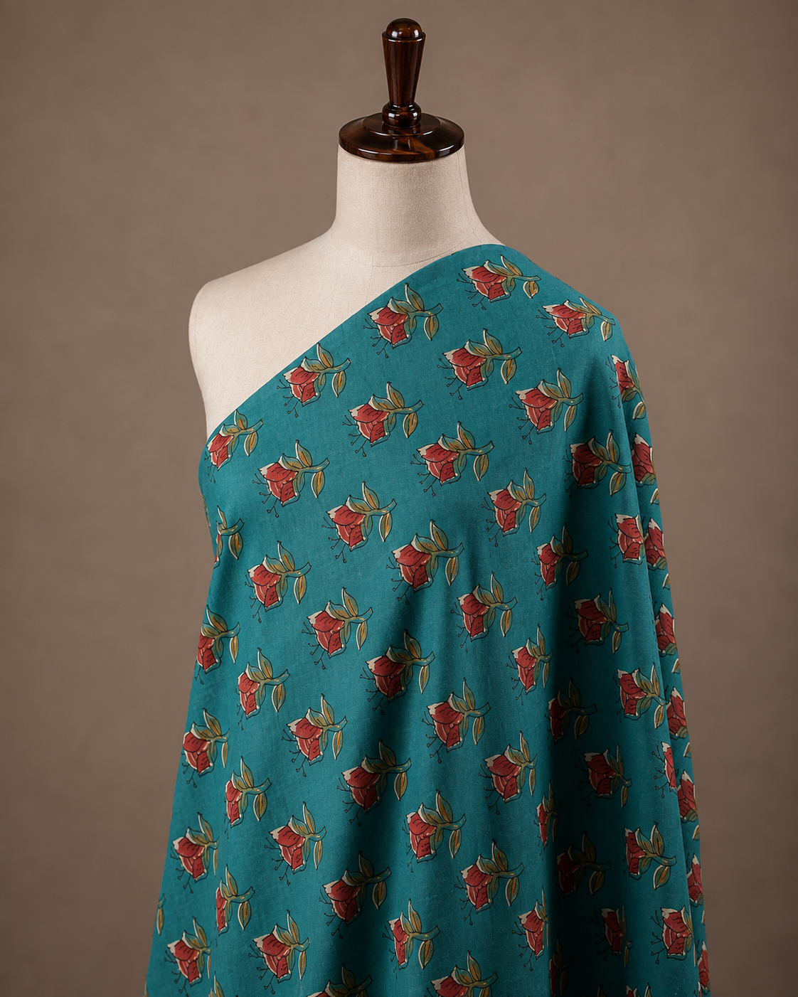 Teal Floral Printed Cambric Cotton Fabric