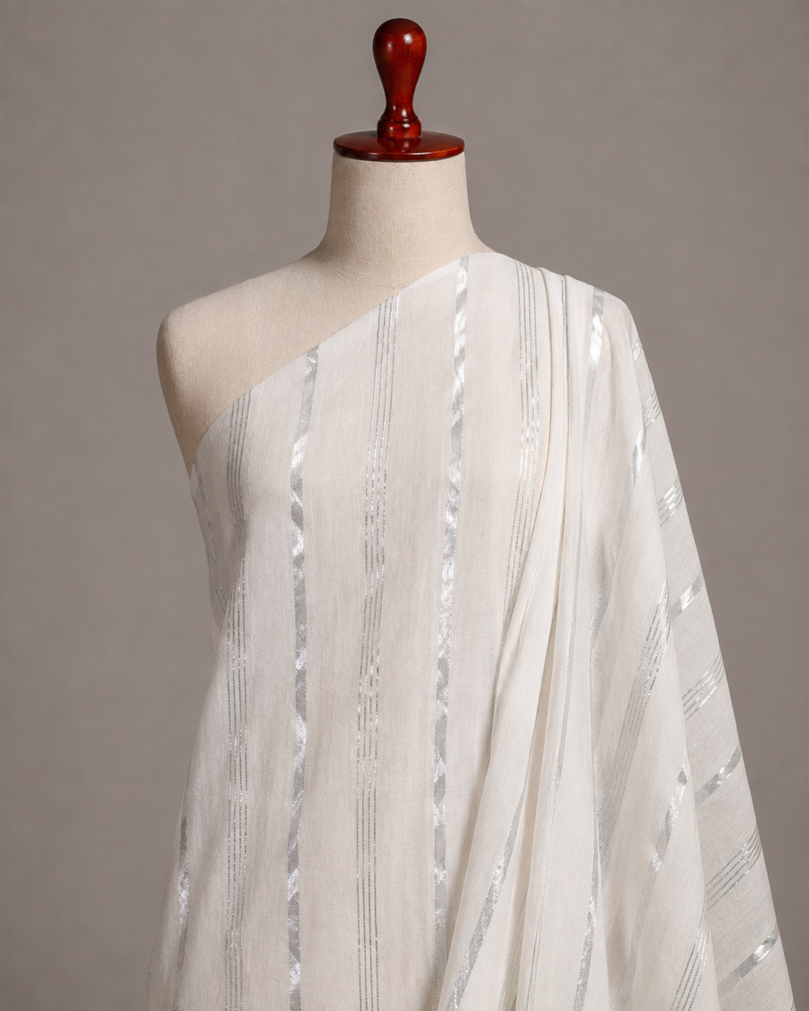 Premium White With Silver Lurex Stripes Handloom Cotton Fabric