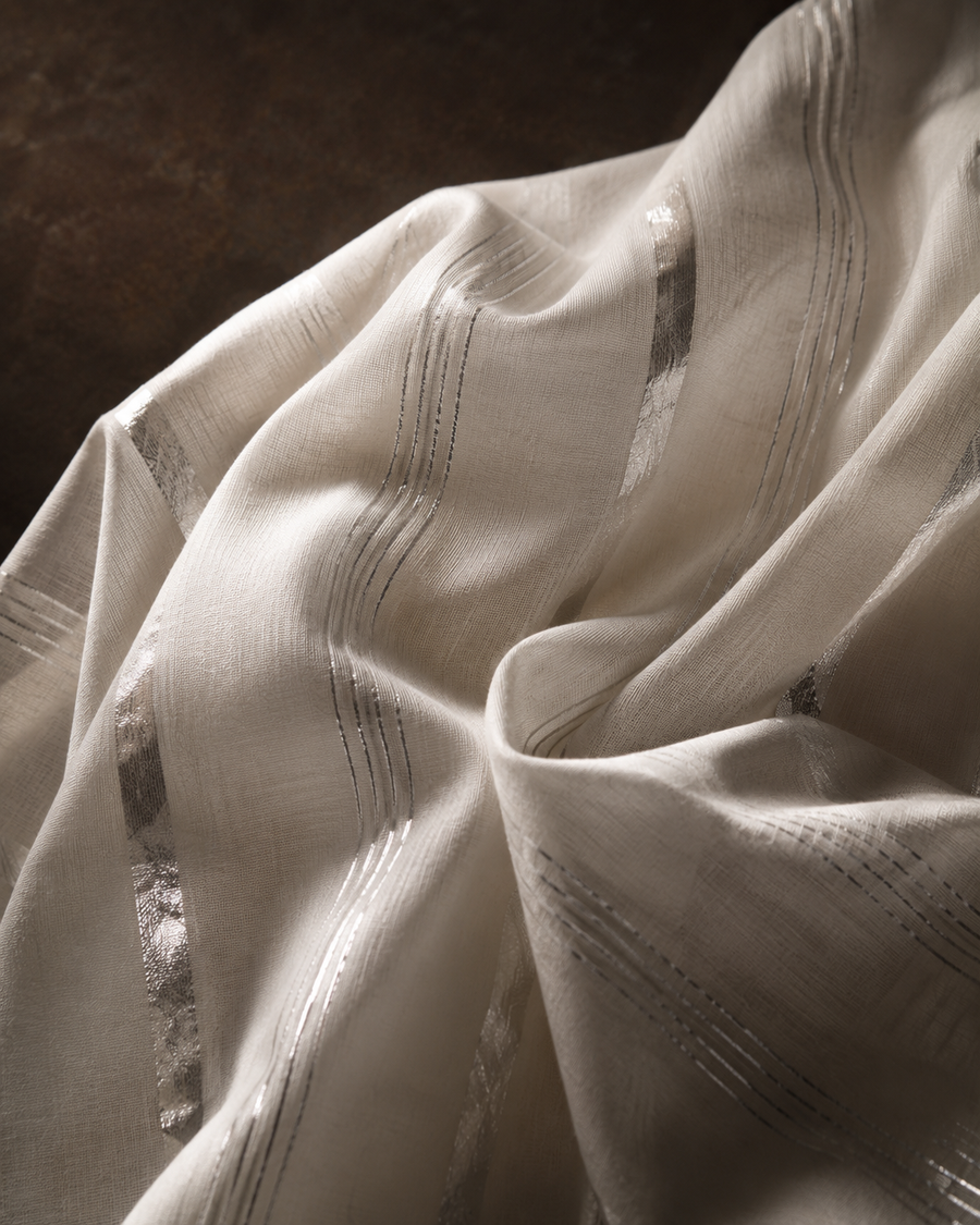 Premium White With Silver Lurex Stripes Handloom Cotton Fabric