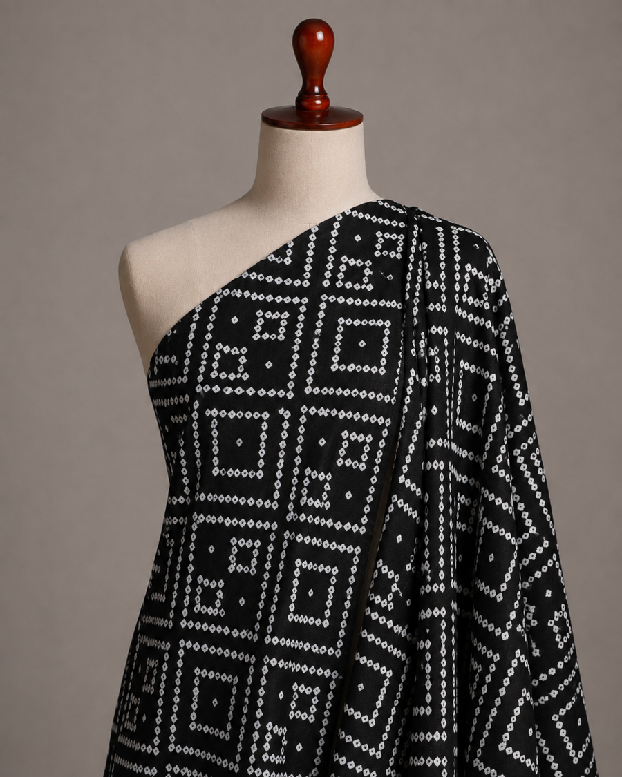 Premium Black Bandhej Printed Rayon Fabric