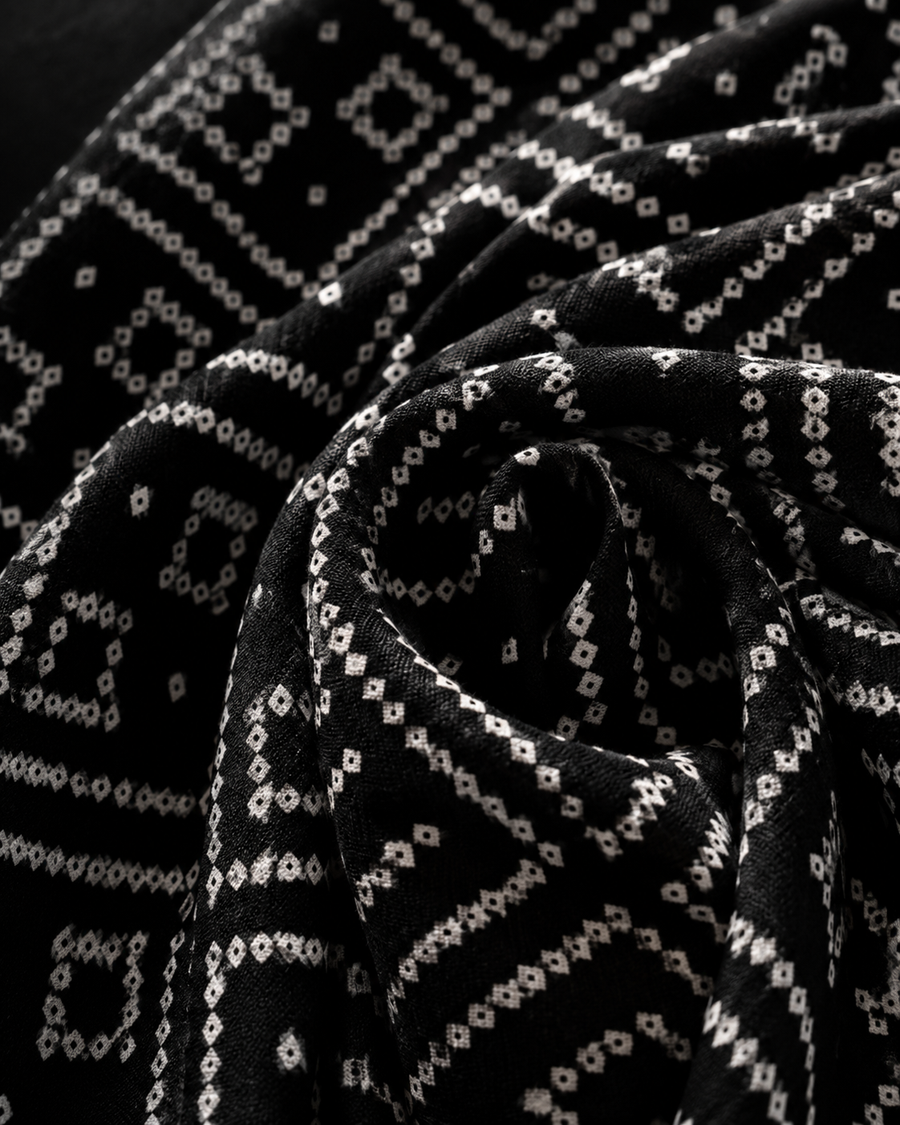 Premium Black Bandhej Printed Rayon Fabric