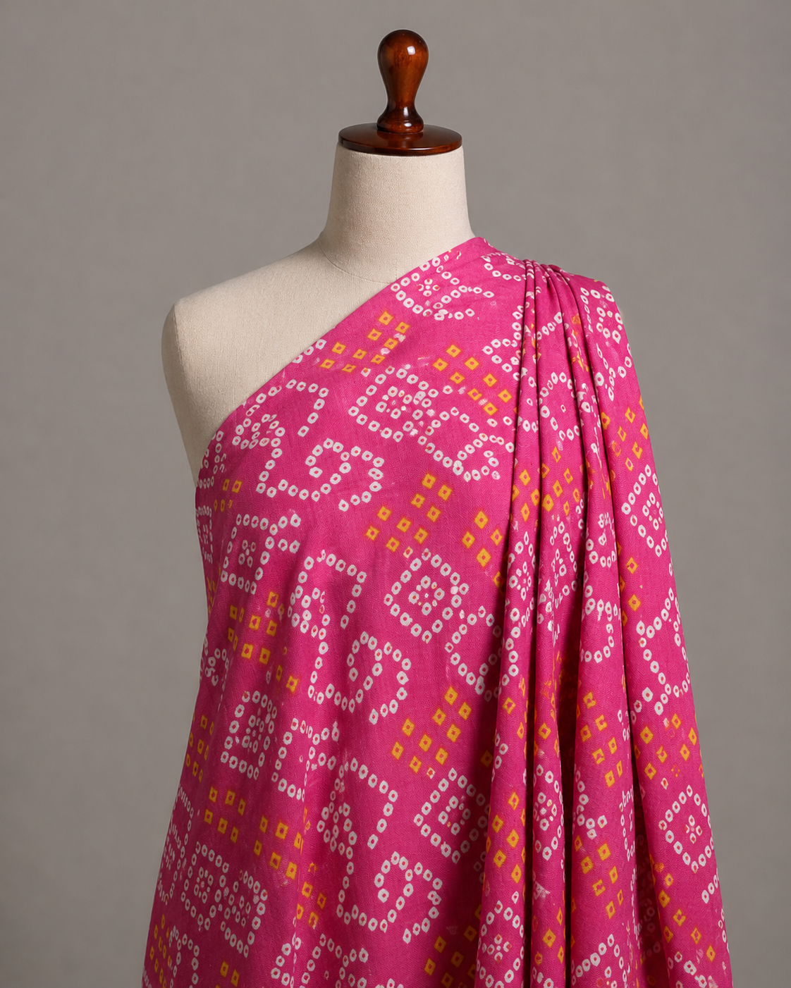 Premium Pink Bandhani-Inspired Geometric Rayon Printed Fabric