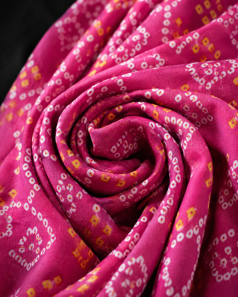 Premium Pink Bandhani-Inspired Geometric Rayon Printed Fabric