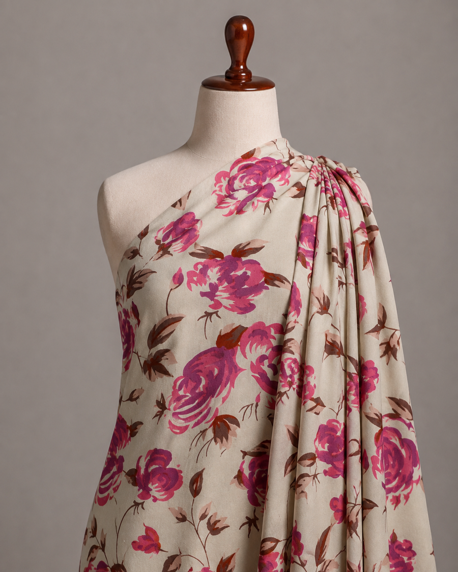 Premium Cream Rayon Floral Printed  Fabric