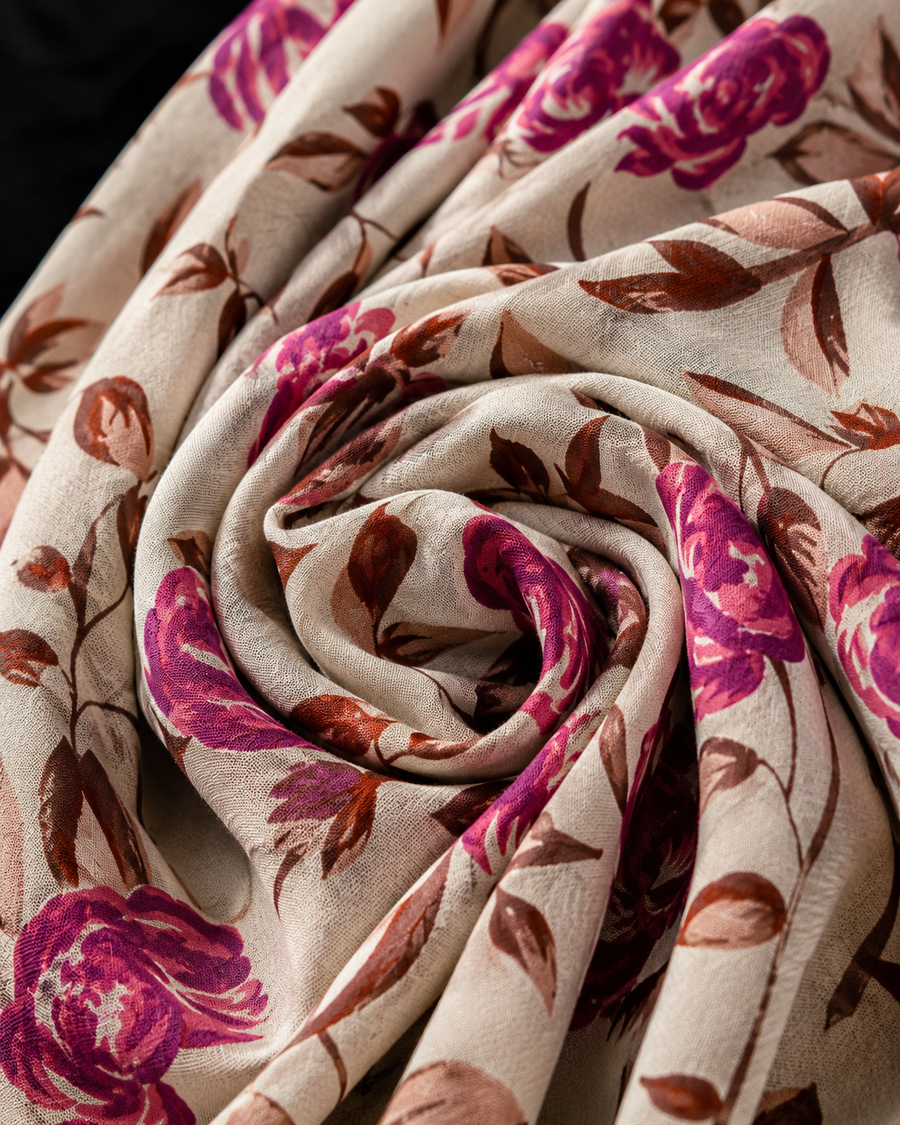 Premium Cream Rayon Floral Printed  Fabric
