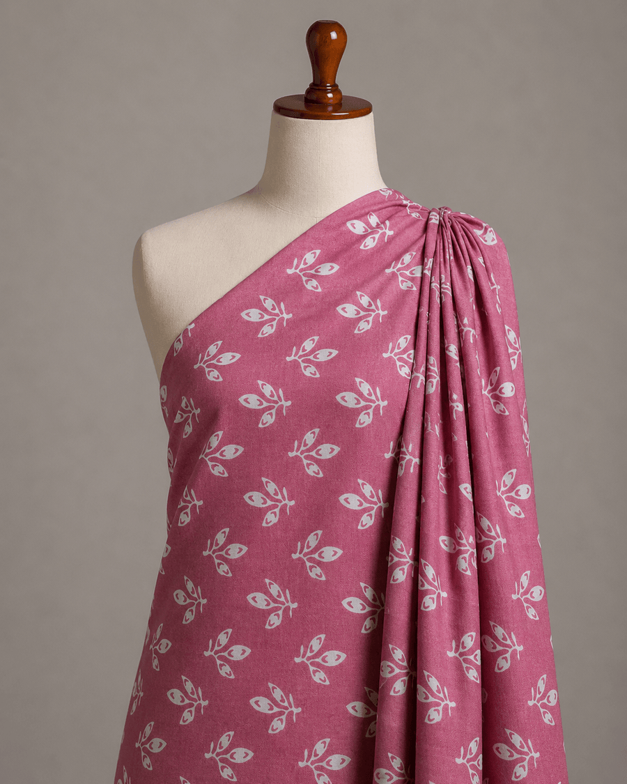 Dusty Pink Leafy Motif Rayon Printed Fabric - The Loom Fabrics