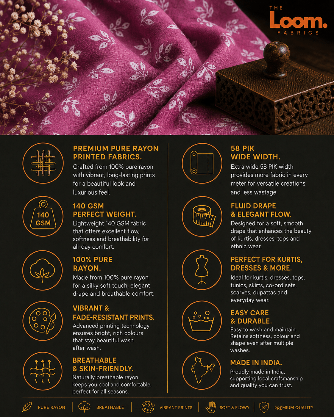 Dusty Pink Leafy Motif Rayon Printed Fabric - The Loom Fabrics