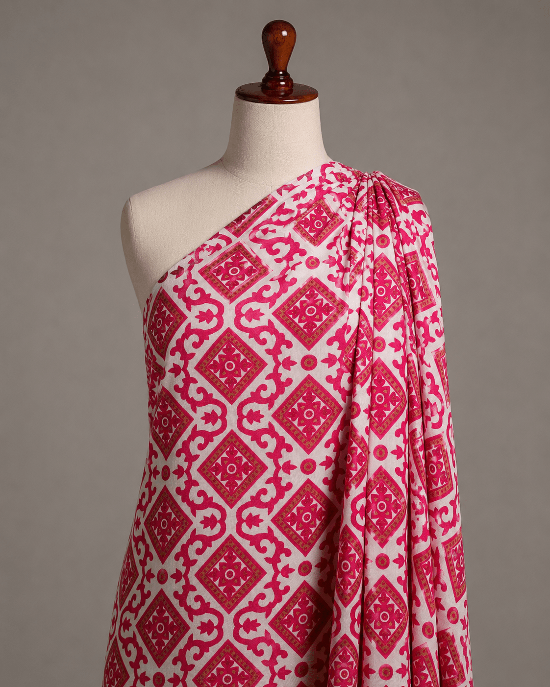 Premium White & Pink Geometrical Rayon Printed Fabric - The Loom Fabrics