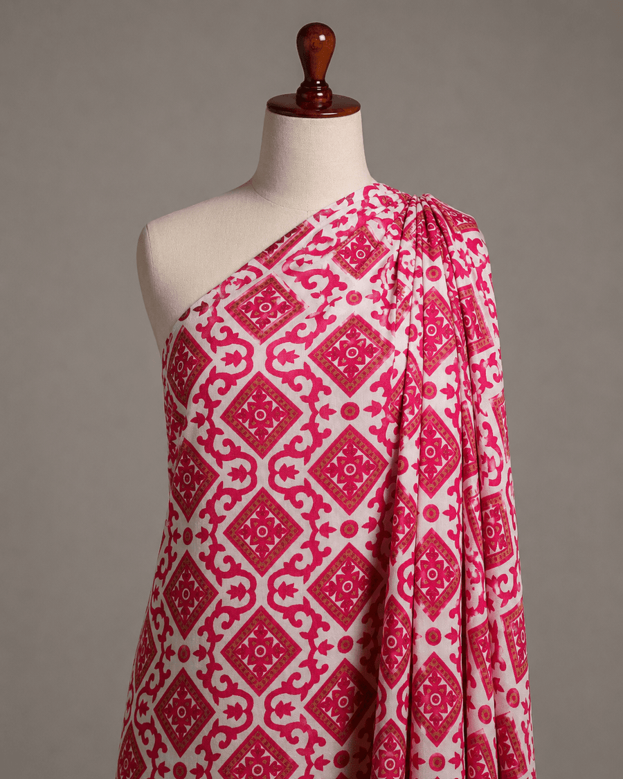 Premium White & Pink Geometrical Rayon Printed Fabric - The Loom Fabrics