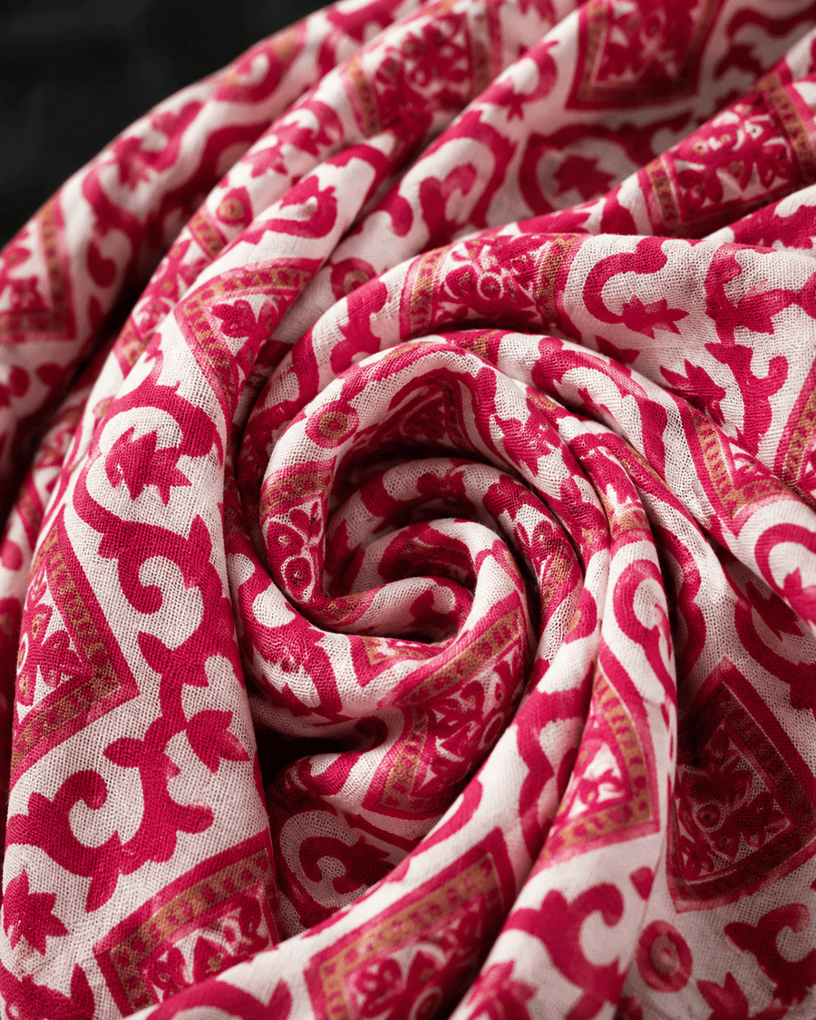 Premium White & Pink Geometrical Rayon Printed Fabric