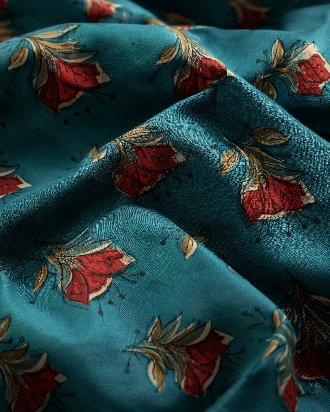 Teal Floral Printed Cambric Cotton Fabric - The Loom Fabrics