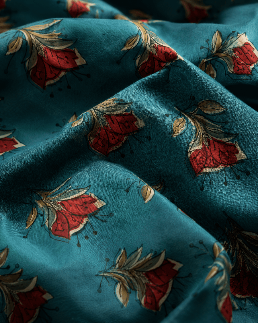 Teal Floral Printed Cambric Cotton Fabric
